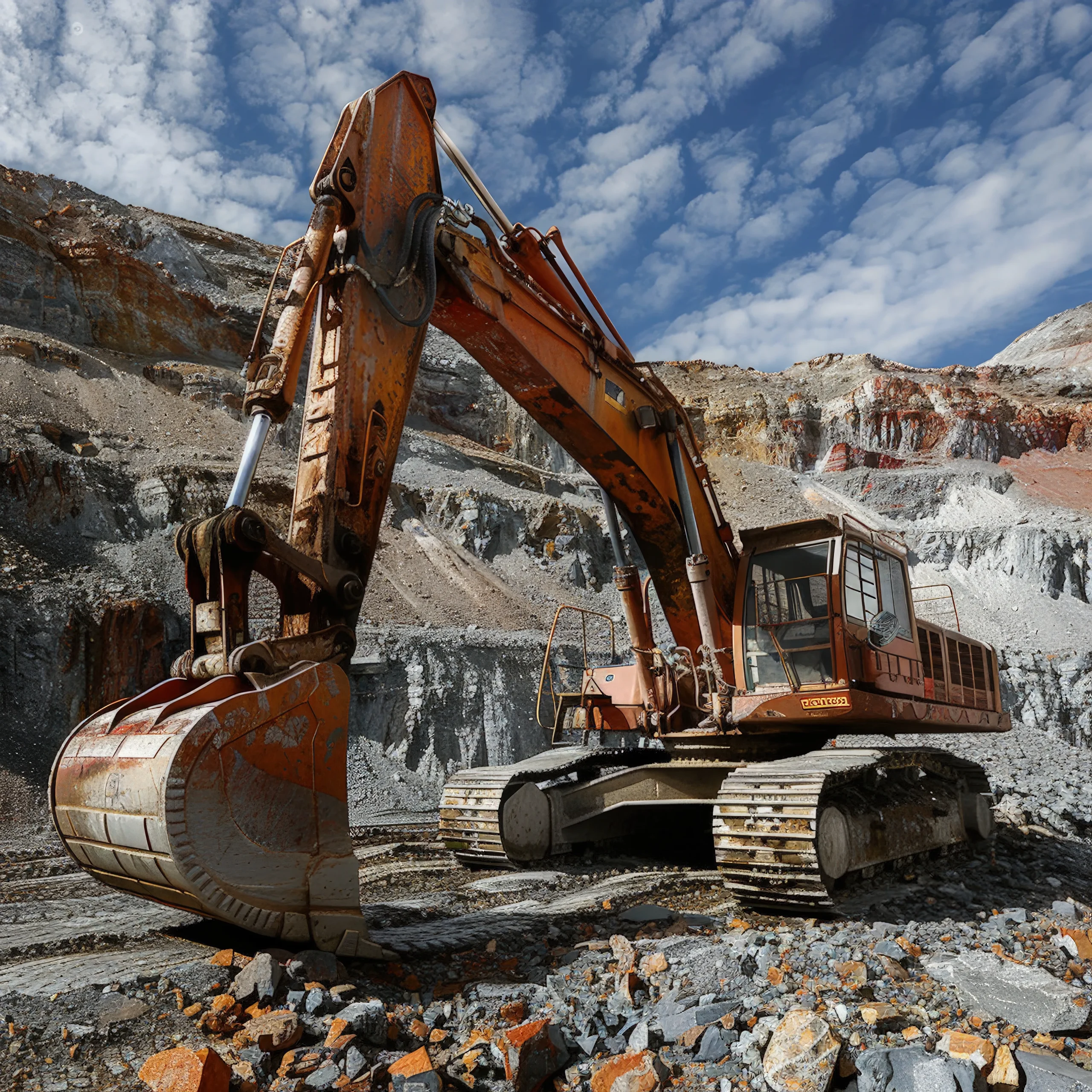 Team of skilled foreign workers operating a large excavator and performing mining activities at a quarry site, following international occupational safety and recruitment compliance standards.
