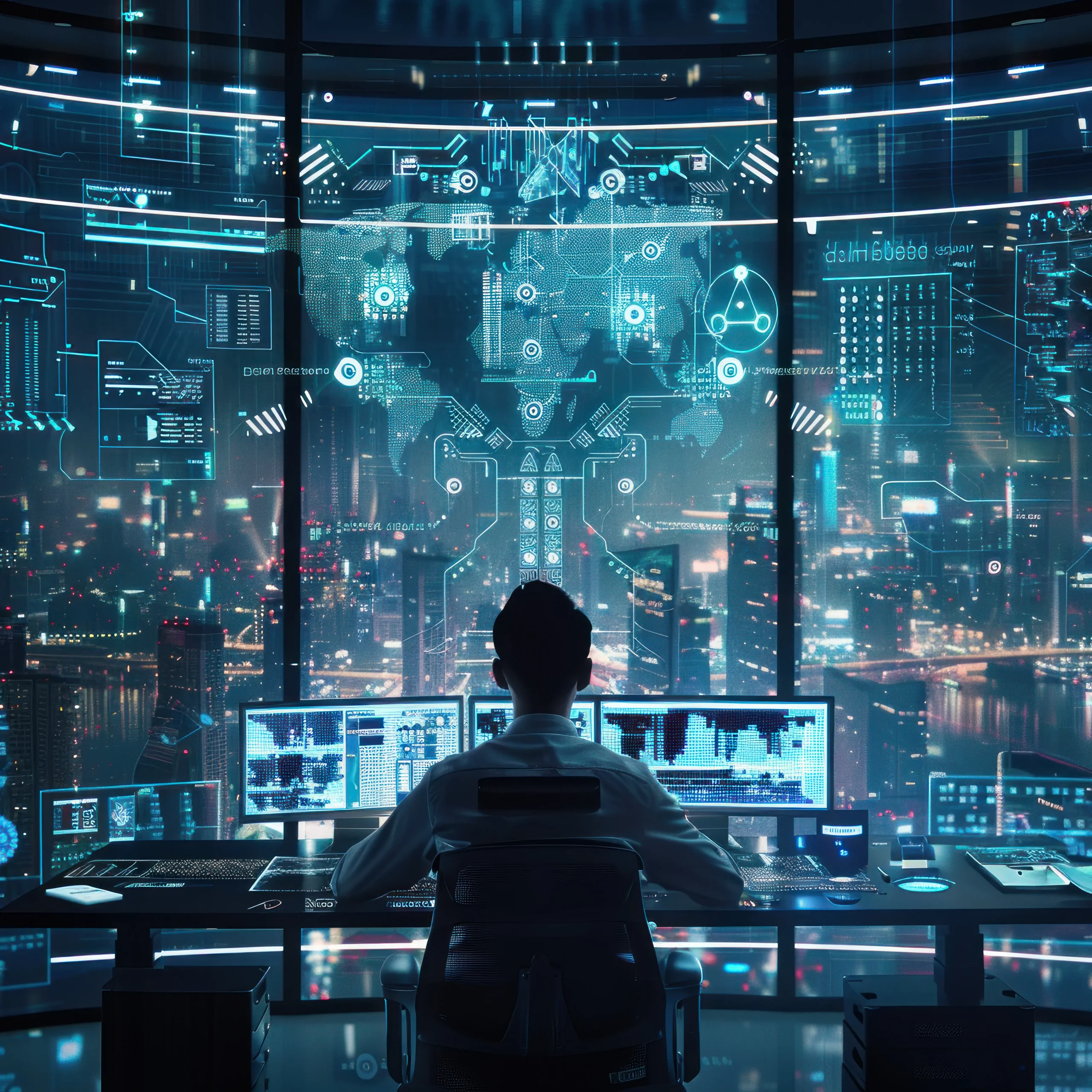 High-skilled foreign IT professional managing systems and computer programming at a multi-monitor workstation, compliant with international recruitment and professional standards.